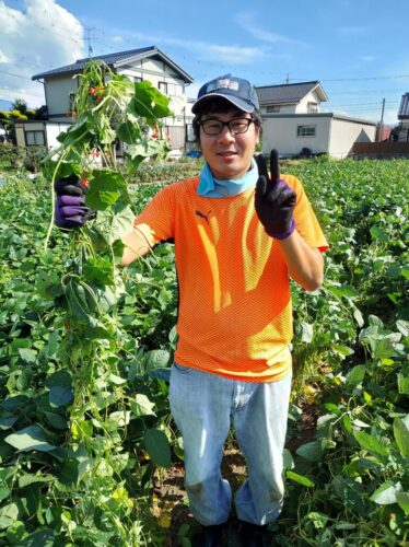 エコミットあかしな　安曇野市　就労継続支援　B型　事業所　JA松本ハイランド笹賀支所様の大豆畑での作業風景 マルバルコウ画像②エコミットあかしな　安曇野市　就労継続支援　B型　事業所　JA松本ハイランド笹賀支所様の大豆畑での作業風景 マルバルコウのつるを持ちポーズ